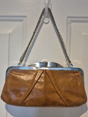 Hobo International Classic Tan Leather Frame Clutch with Chain Strap